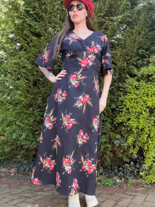 Vintage 1970s Maxi Dress Long Black Floral with Flared Sleeves Size 16