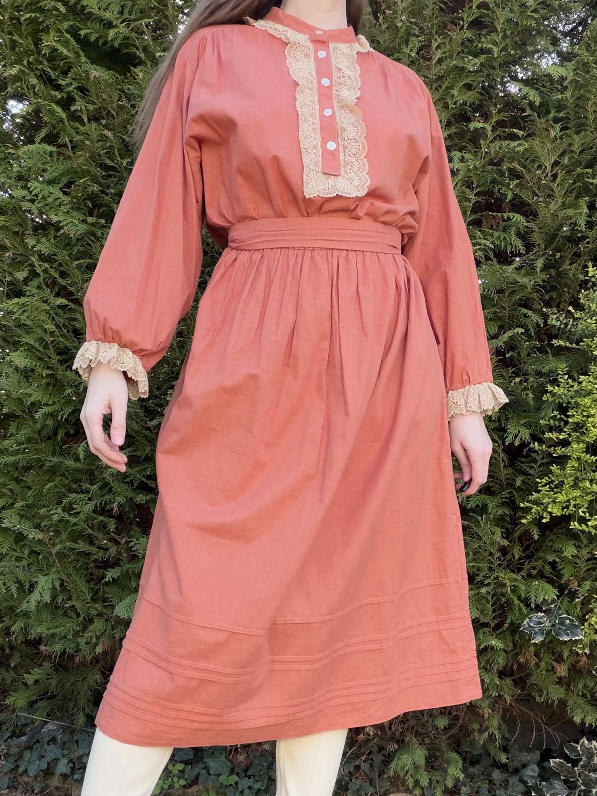 Vintage 1980s Shirt Dress Long Sleeve Midi Dress with Lace Trim Size 16 to 18