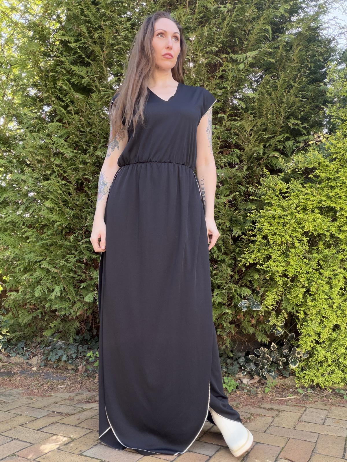 Vintage 1970s Black Maxi Dress  by Nefer with V-Neck and Layers size 14