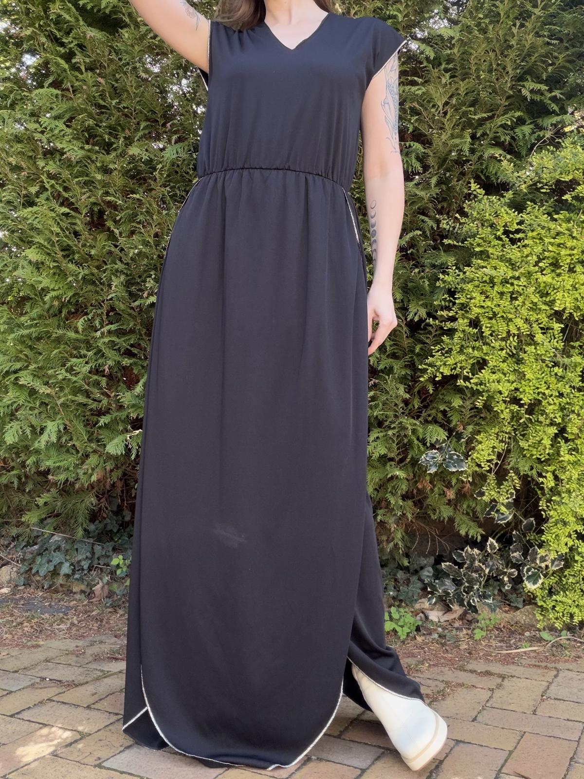 Vintage 1970s Black Maxi Dress  by Nefer with V-Neck and Layers size 14
