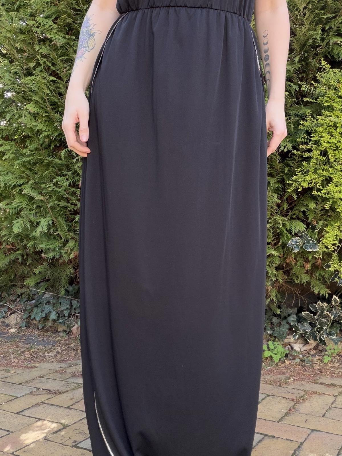 Vintage 1970s Black Maxi Dress  by Nefer with V-Neck and Layers size 14