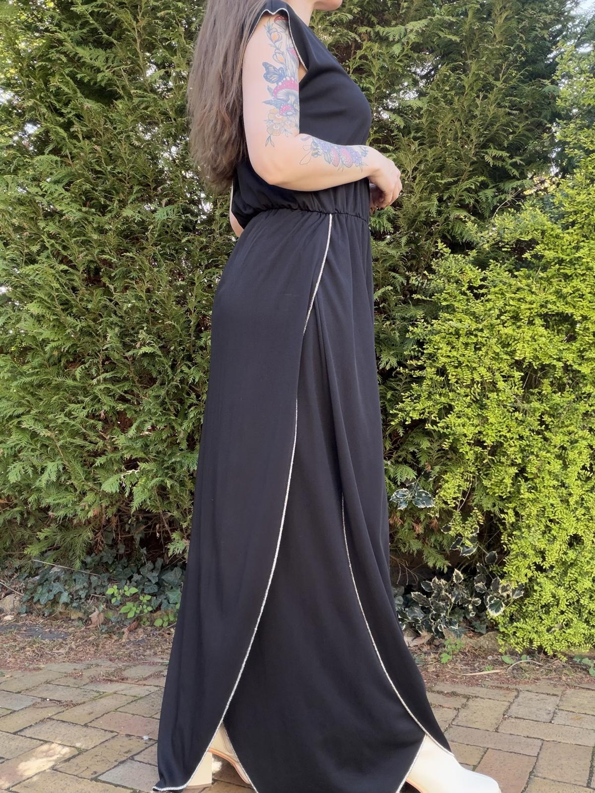 Vintage 1970s Black Maxi Dress  by Nefer with V-Neck and Layers size 14