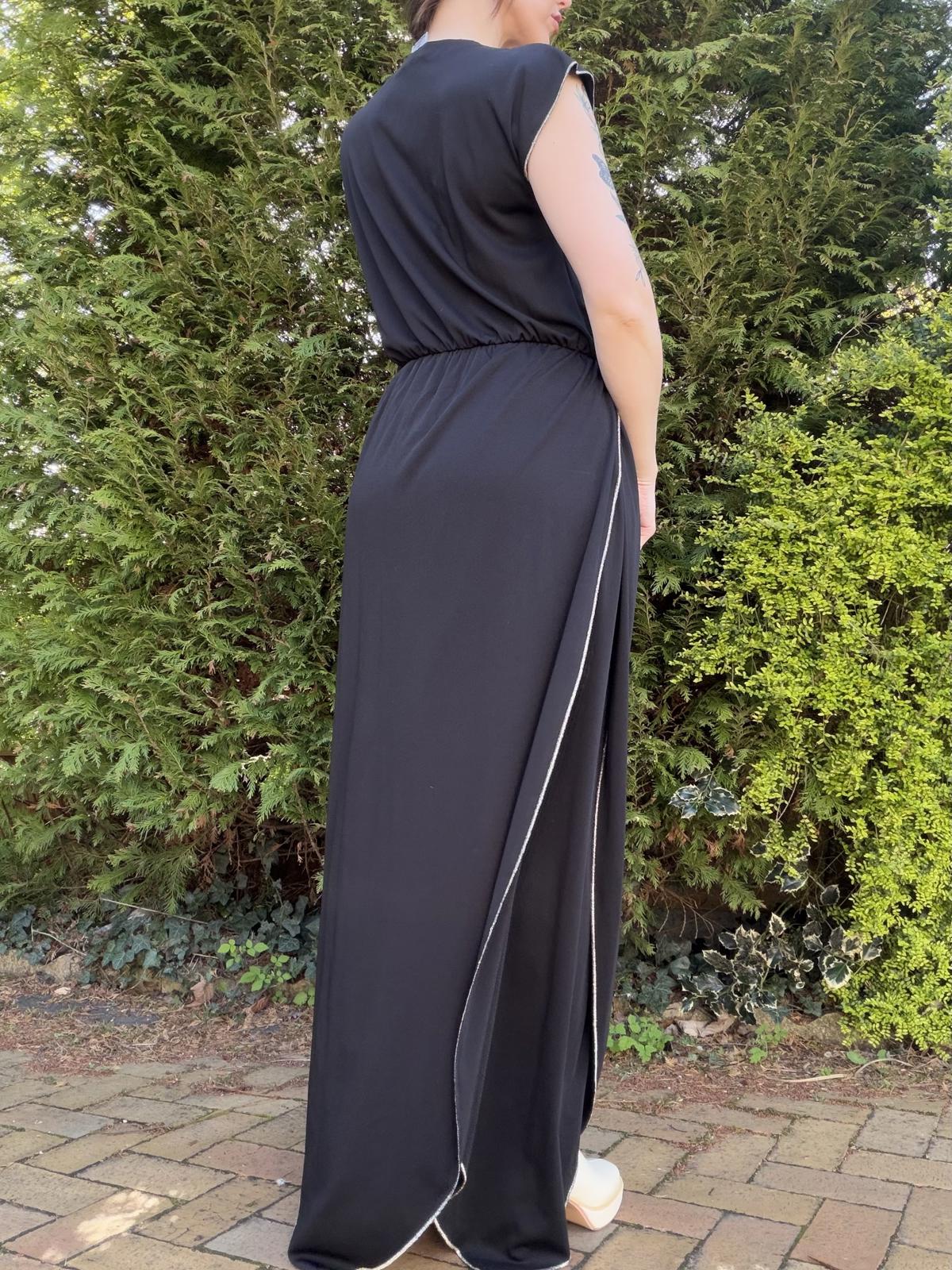 Vintage 1970s Black Maxi Dress  by Nefer with V-Neck and Layers size 14