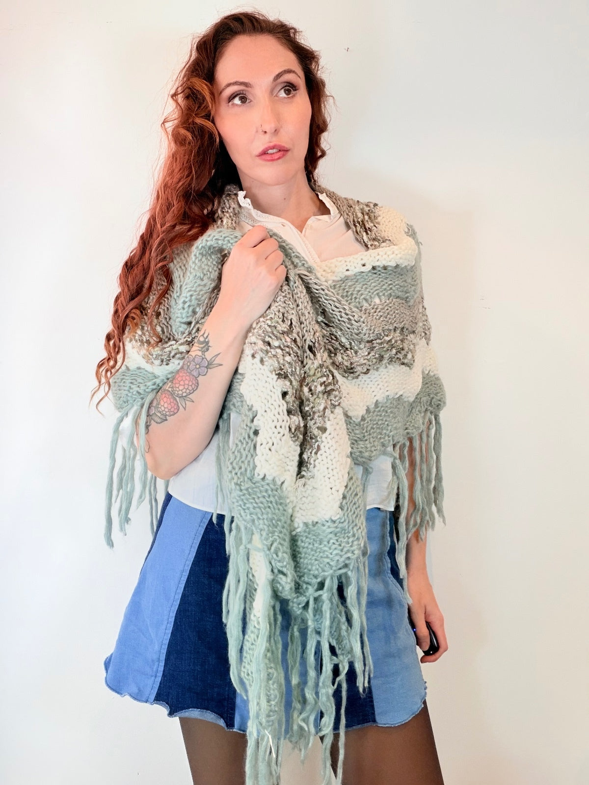 Vintage Knit Crochet Shawl Hippie Boho Triangle Wrap Cape Cottage Whimsy Scarf