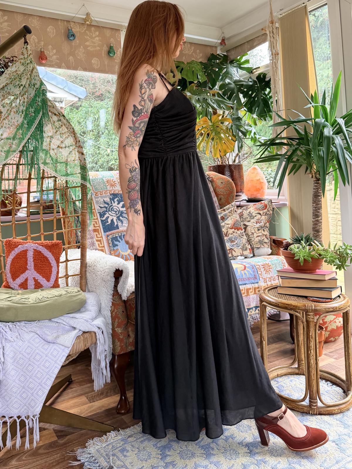 Vintage 1970s cocktail Dress black size 14 long maxi diamanté and Strappy Detail