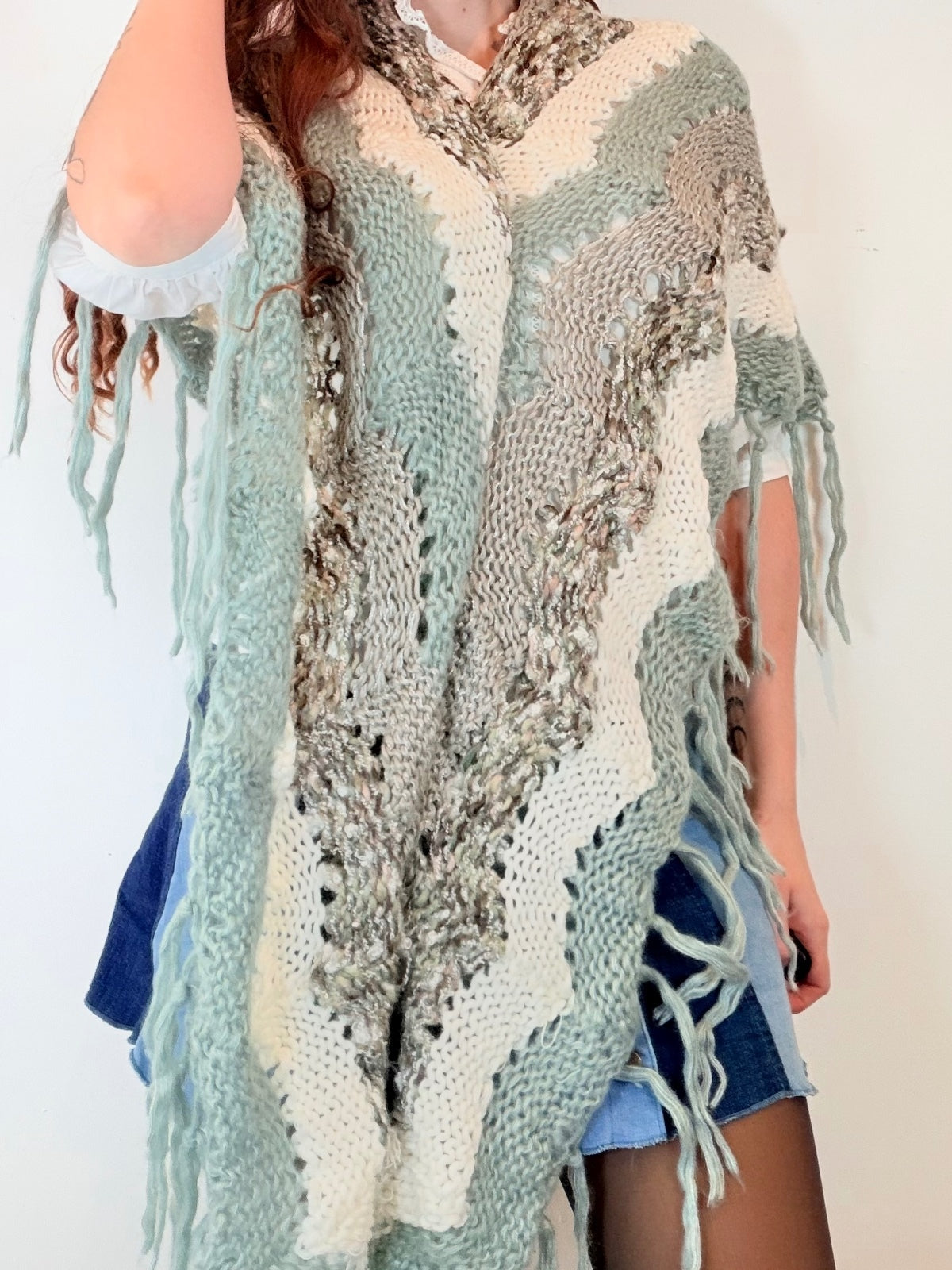 Vintage Knit Crochet Shawl Hippie Boho Triangle Wrap Cape Cottage Whimsy Scarf