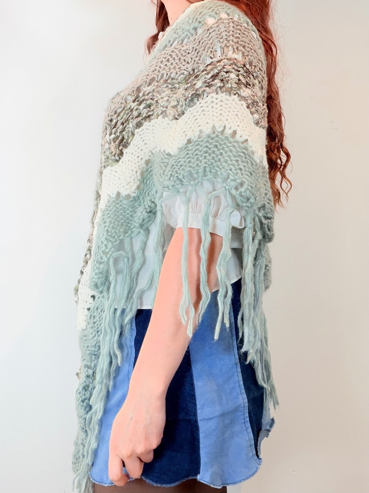 Vintage Knit Crochet Shawl Hippie Boho Triangle Wrap Cape Cottage Whimsy Scarf