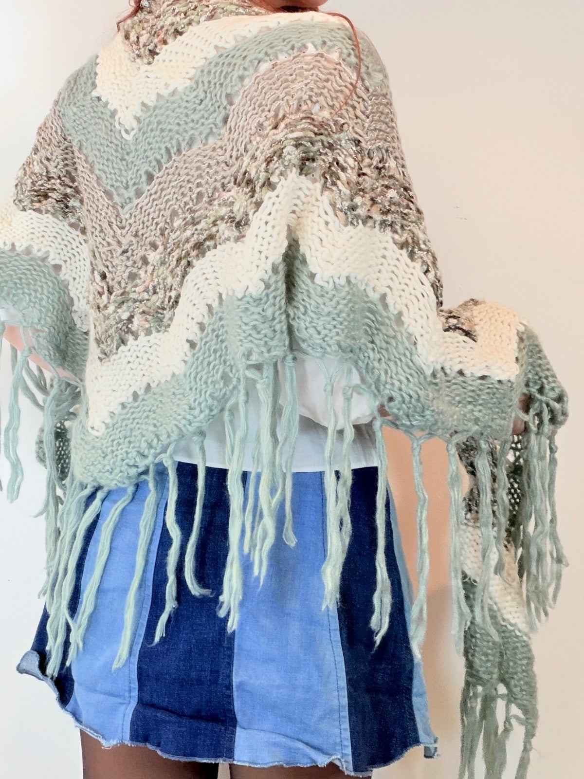 Vintage Knit Crochet Shawl Hippie Boho Triangle Wrap Cape Cottage Whimsy Scarf