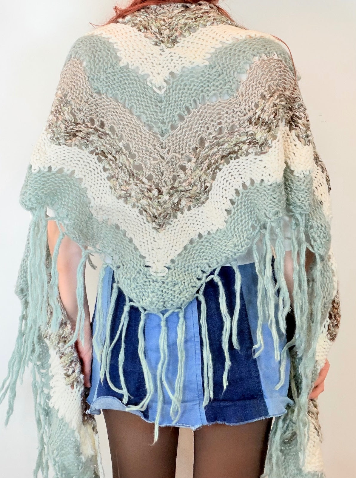 Vintage Knit Crochet Shawl Hippie Boho Triangle Wrap Cape Cottage Whimsy Scarf