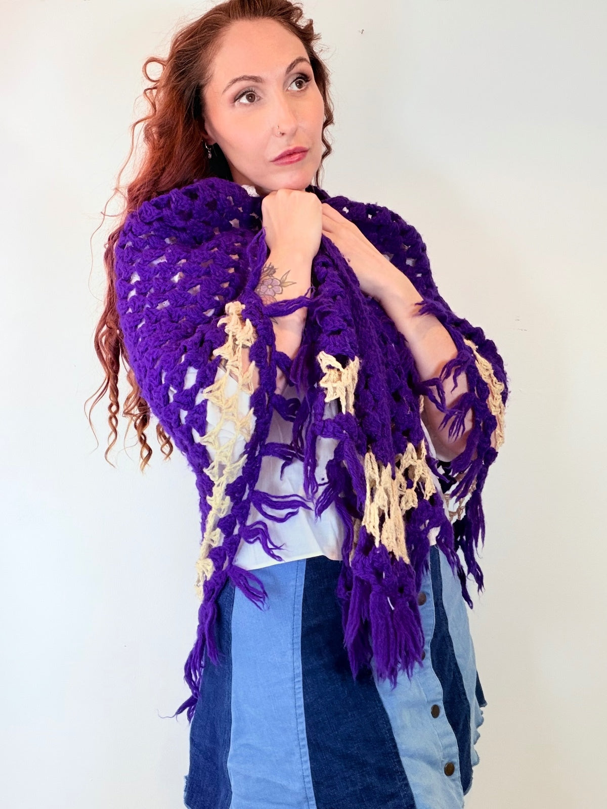Vintage Knit Crochet Shawl Hippie Boho Triangle Wrap Cape Cottage Whimsy Scarf