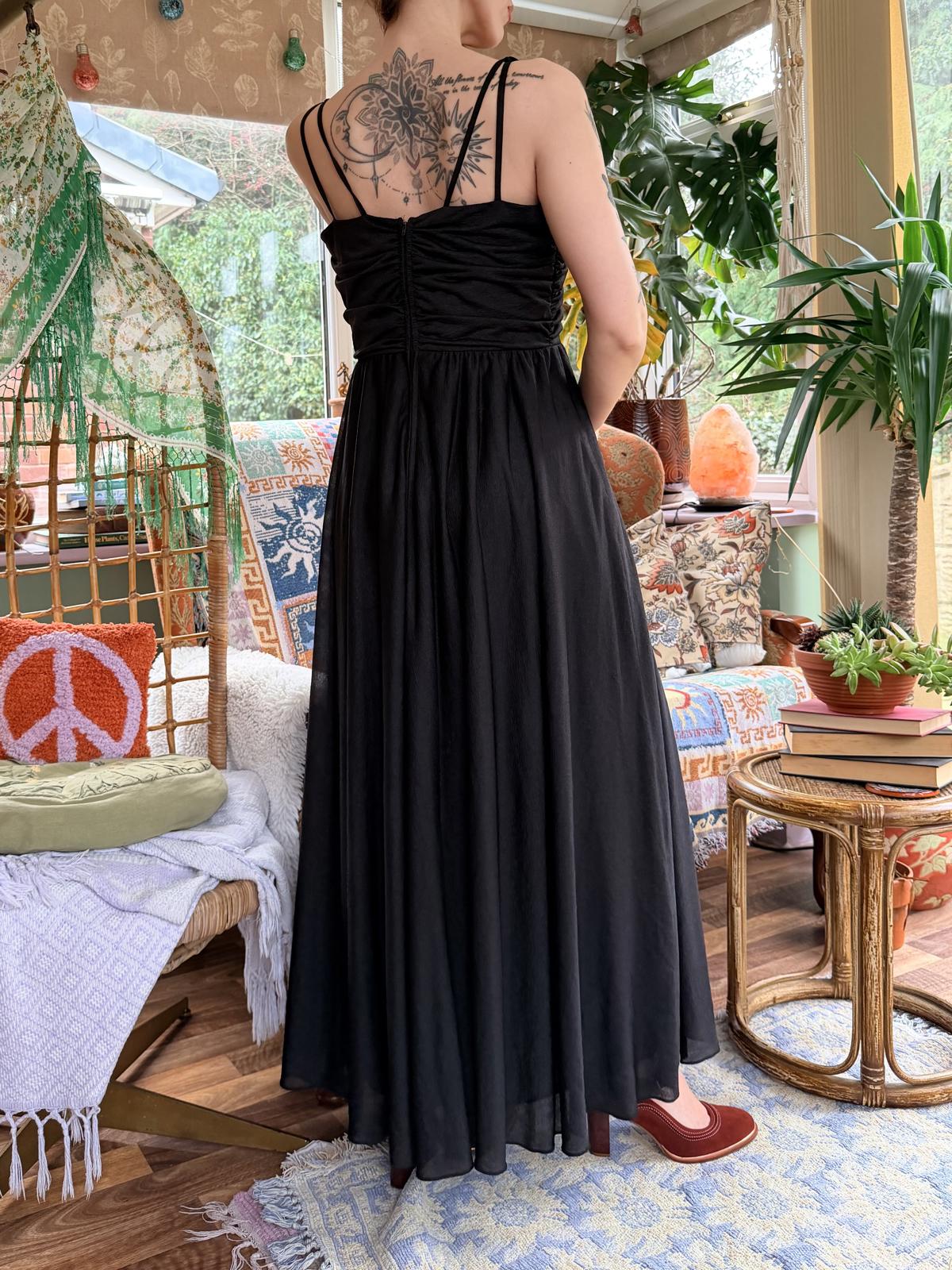 Vintage 1970s cocktail Dress black size 14 long maxi diamanté and Strappy Detail
