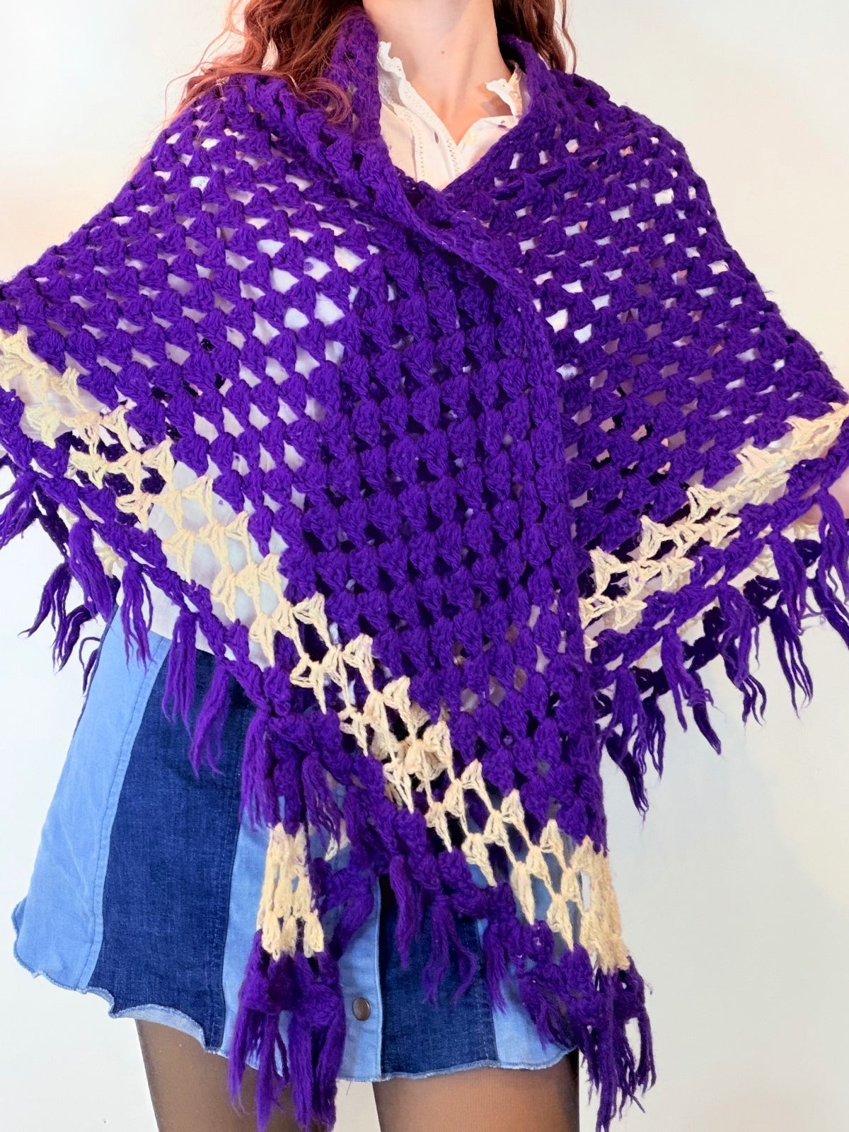 Vintage Knit Crochet Shawl Hippie Boho Triangle Wrap Cape Cottage Whimsy Scarf