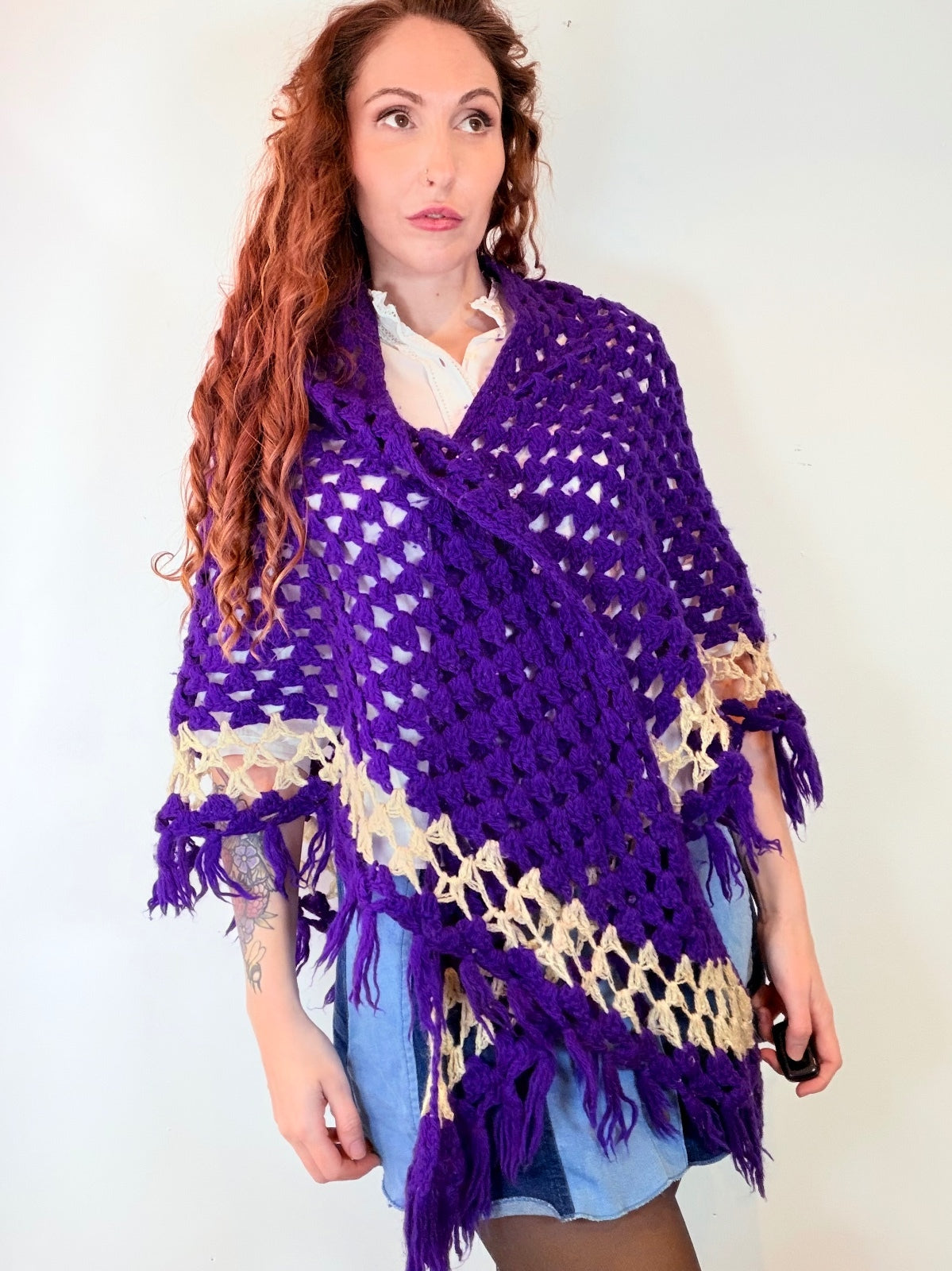 Vintage Knit Crochet Shawl Hippie Boho Triangle Wrap Cape Cottage Whimsy Scarf