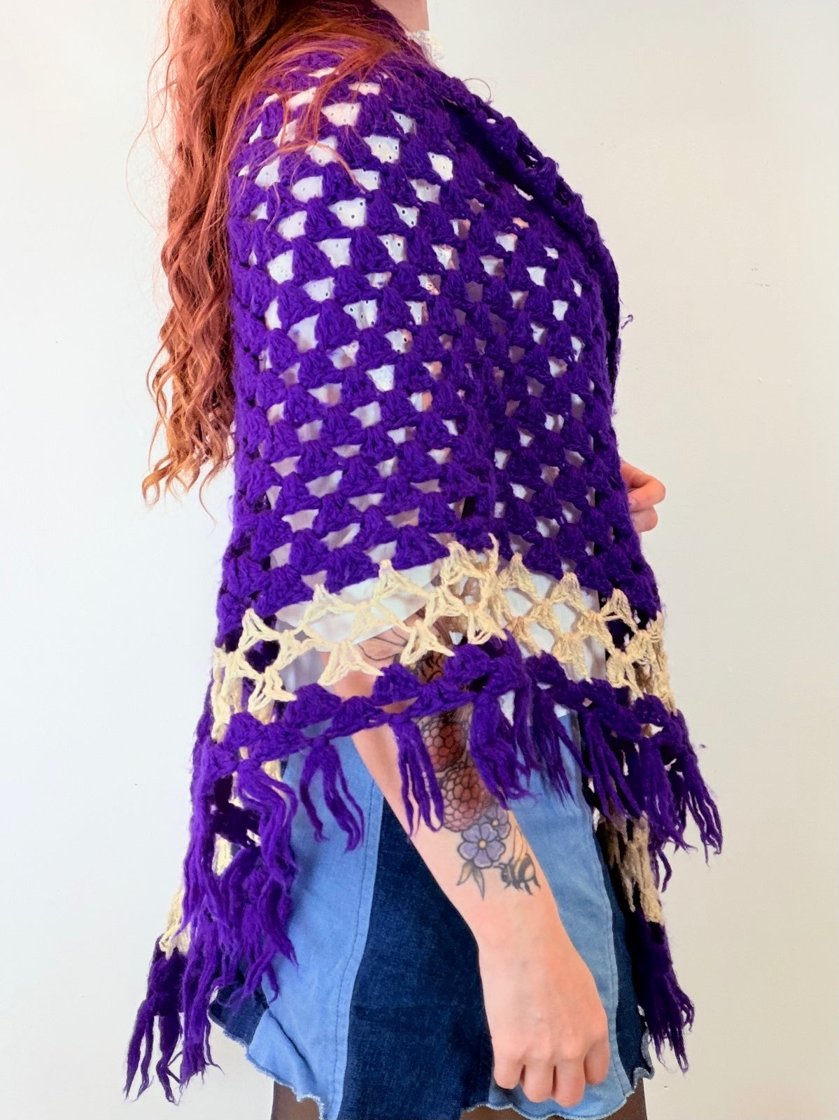 Vintage Knit Crochet Shawl Hippie Boho Triangle Wrap Cape Cottage Whimsy Scarf