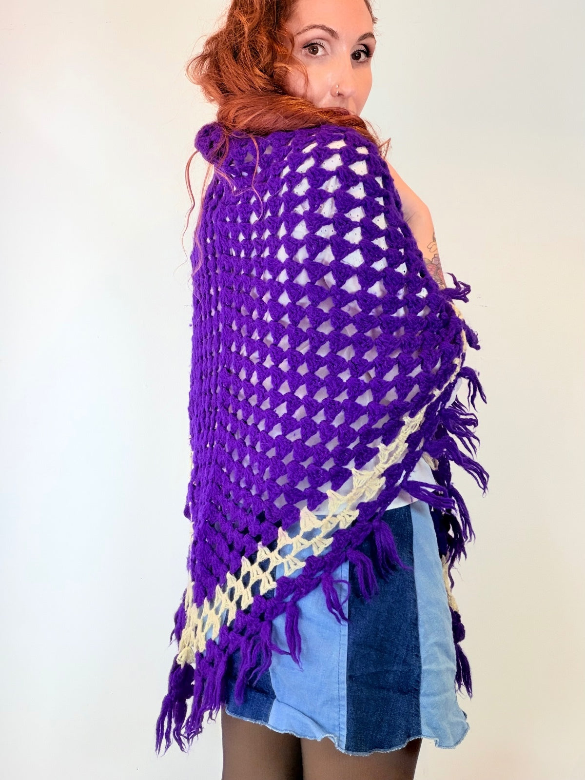 Vintage Knit Crochet Shawl Hippie Boho Triangle Wrap Cape Cottage Whimsy Scarf