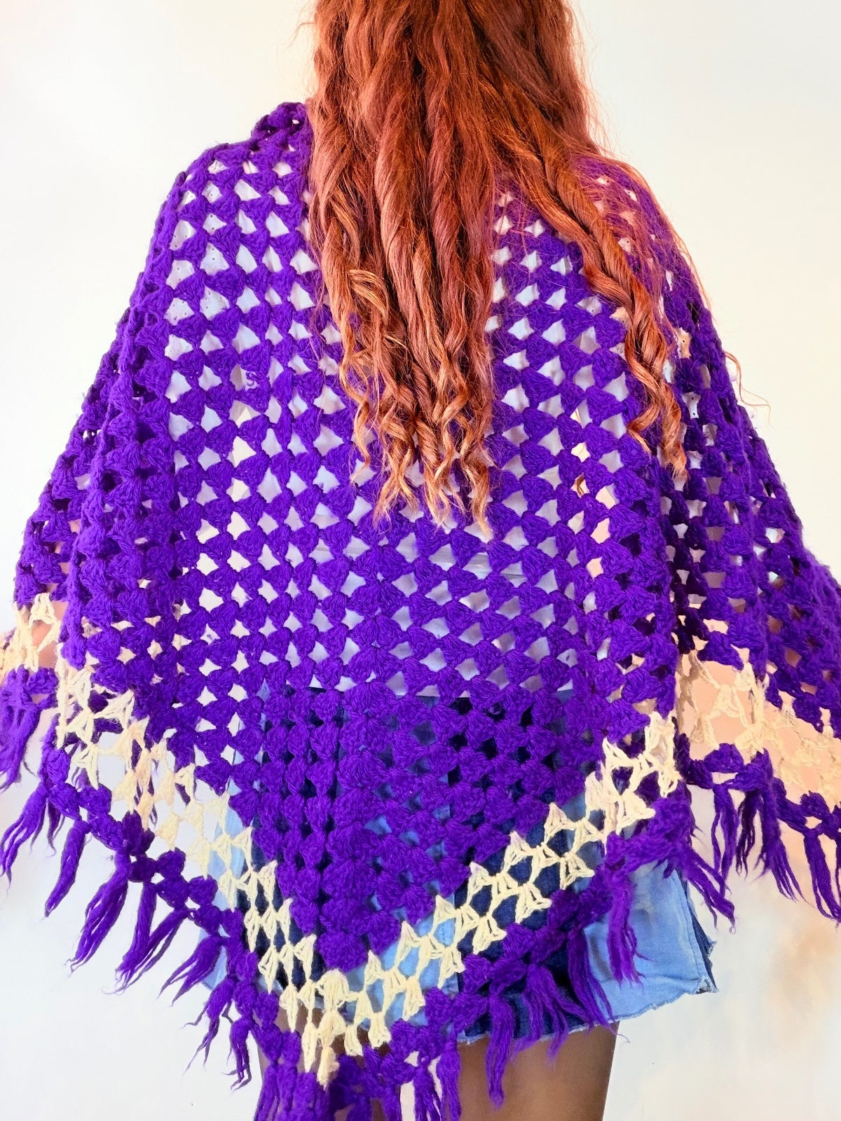 Vintage Knit Crochet Shawl Hippie Boho Triangle Wrap Cape Cottage Whimsy Scarf