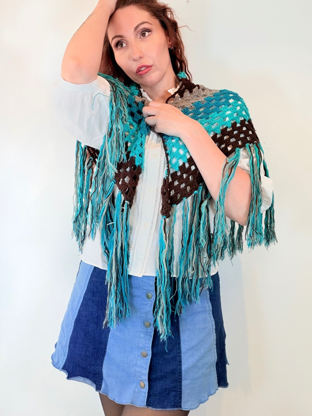 Vintage Knit Crochet Shawl Hippie Boho Triangle Wrap Cape Cottage Whimsy Scarf