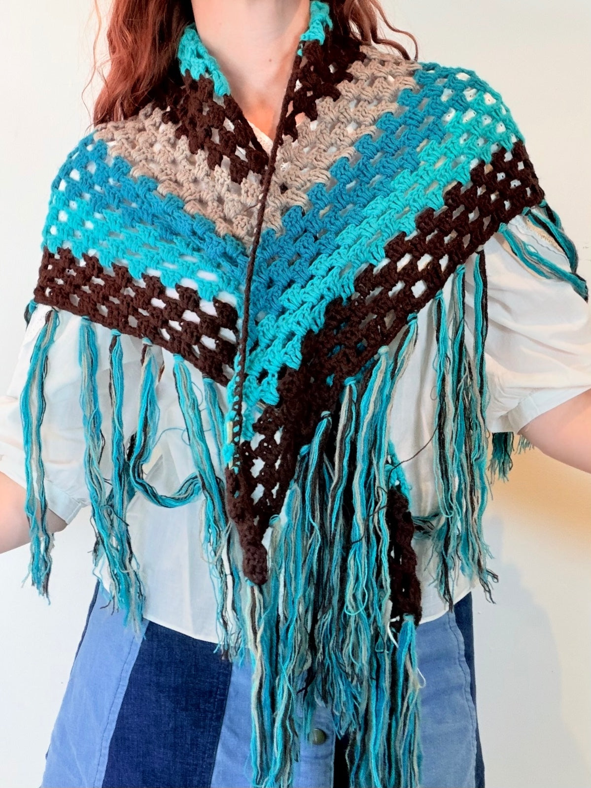 Vintage Knit Crochet Shawl Hippie Boho Triangle Wrap Cape Cottage Whimsy Scarf