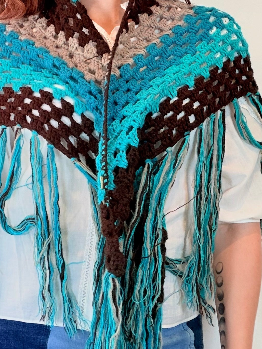 Vintage Knit Crochet Shawl Hippie Boho Triangle Wrap Cape Cottage Whimsy Scarf