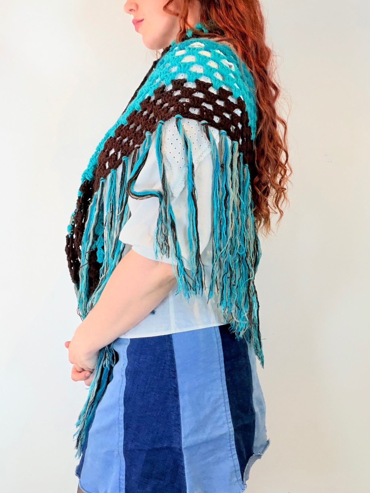 Vintage Knit Crochet Shawl Hippie Boho Triangle Wrap Cape Cottage Whimsy Scarf