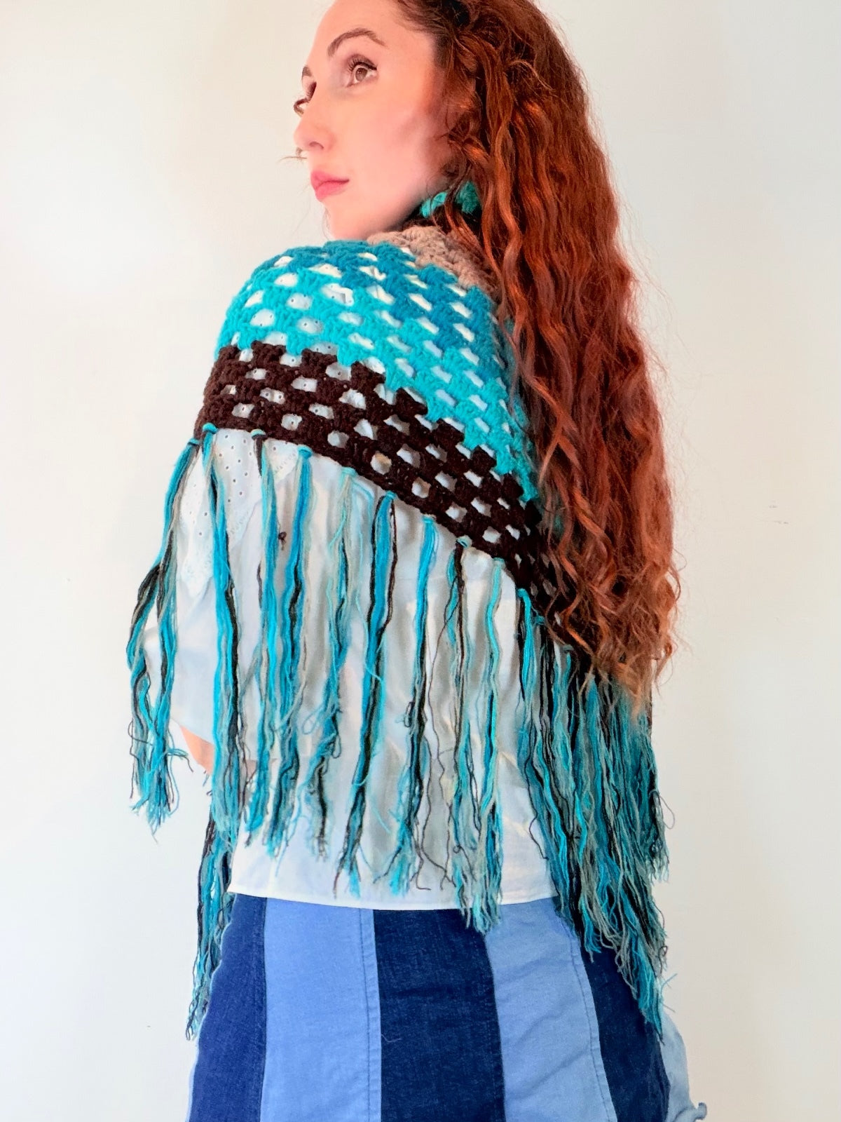 Vintage Knit Crochet Shawl Hippie Boho Triangle Wrap Cape Cottage Whimsy Scarf