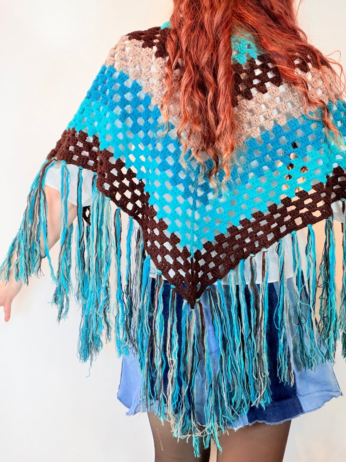 Vintage Knit Crochet Shawl Hippie Boho Triangle Wrap Cape Cottage Whimsy Scarf