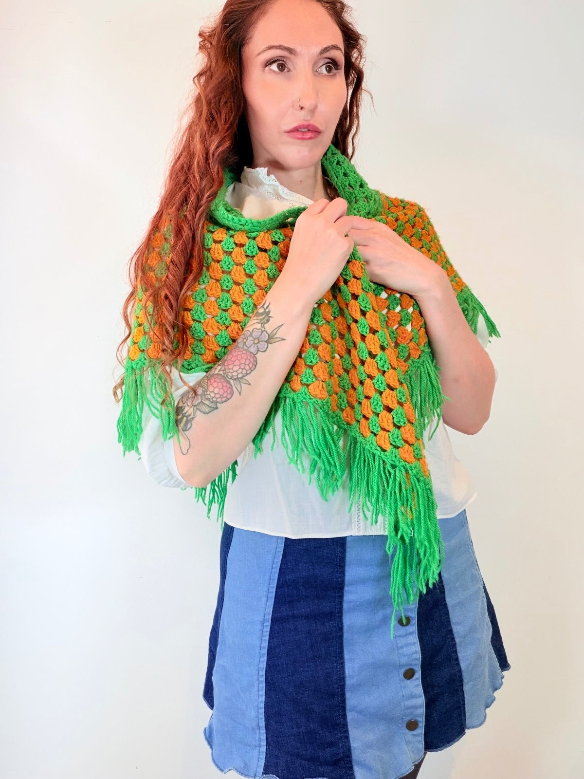 Vintage Knit Crochet Shawl Hippie Boho Triangle Wrap Cape Cottage Whimsy Scarf