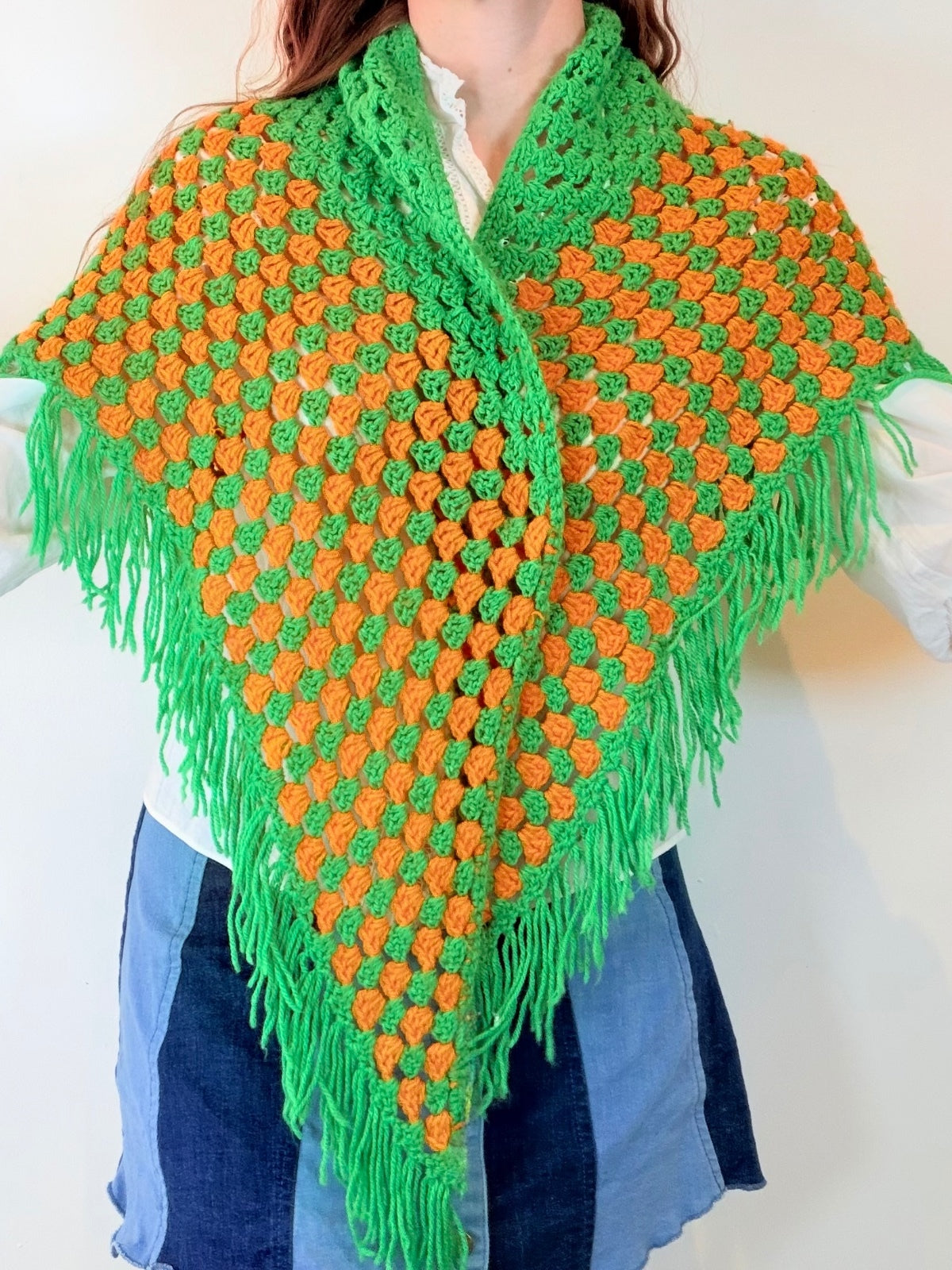 Vintage Knit Crochet Shawl Hippie Boho Triangle Wrap Cape Cottage Whimsy Scarf