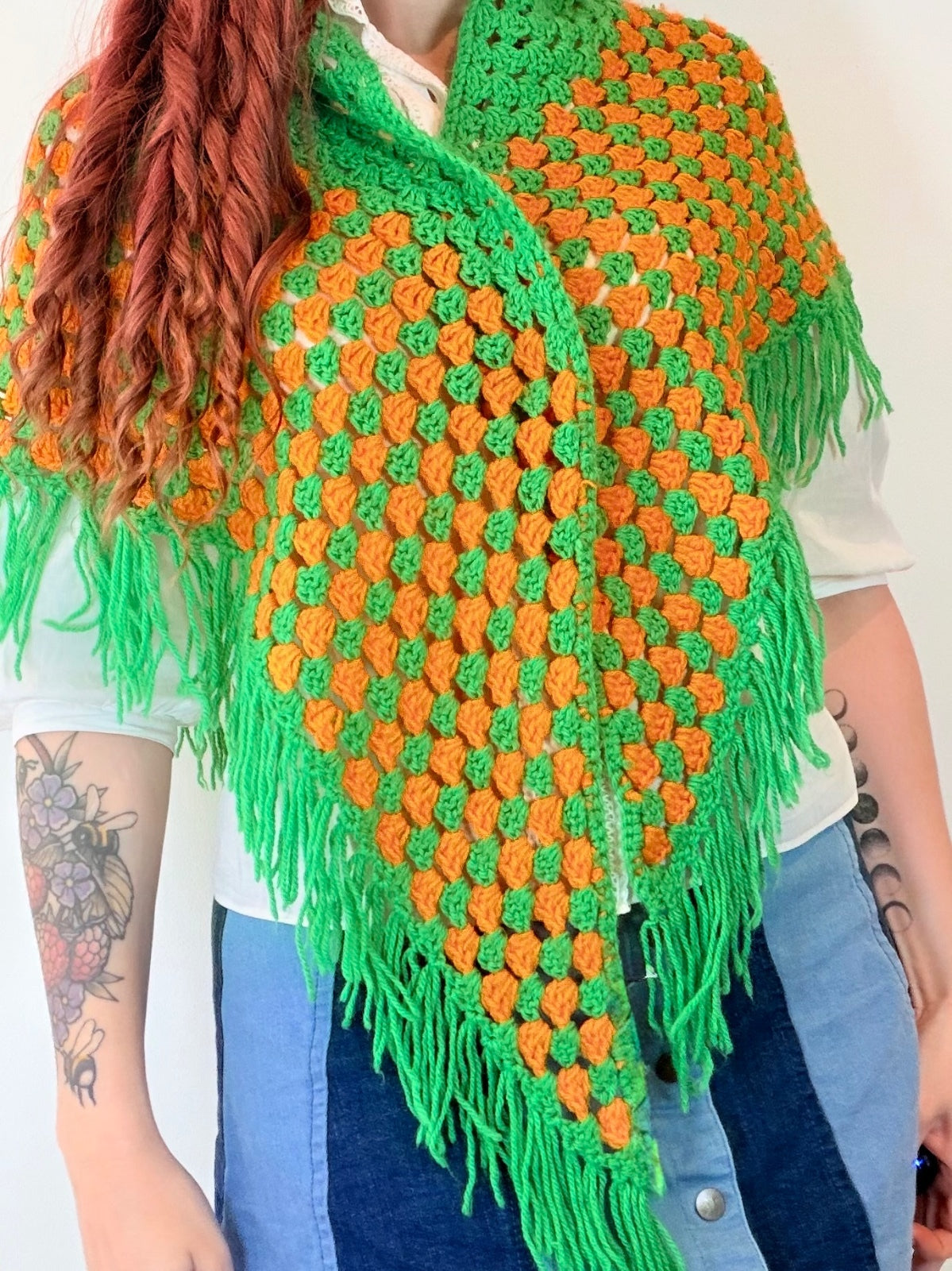 Vintage Knit Crochet Shawl Hippie Boho Triangle Wrap Cape Cottage Whimsy Scarf