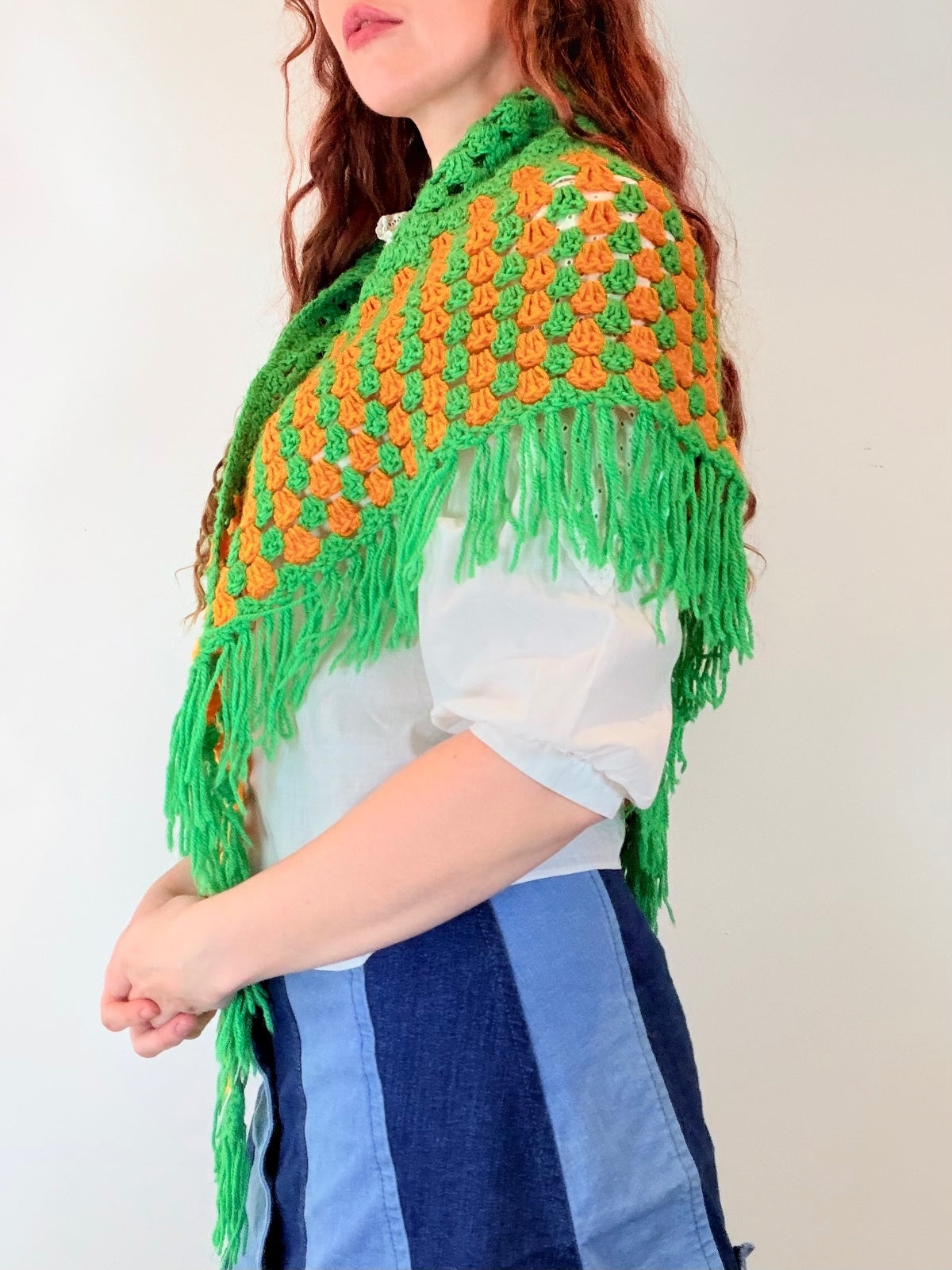 Vintage Knit Crochet Shawl Hippie Boho Triangle Wrap Cape Cottage Whimsy Scarf