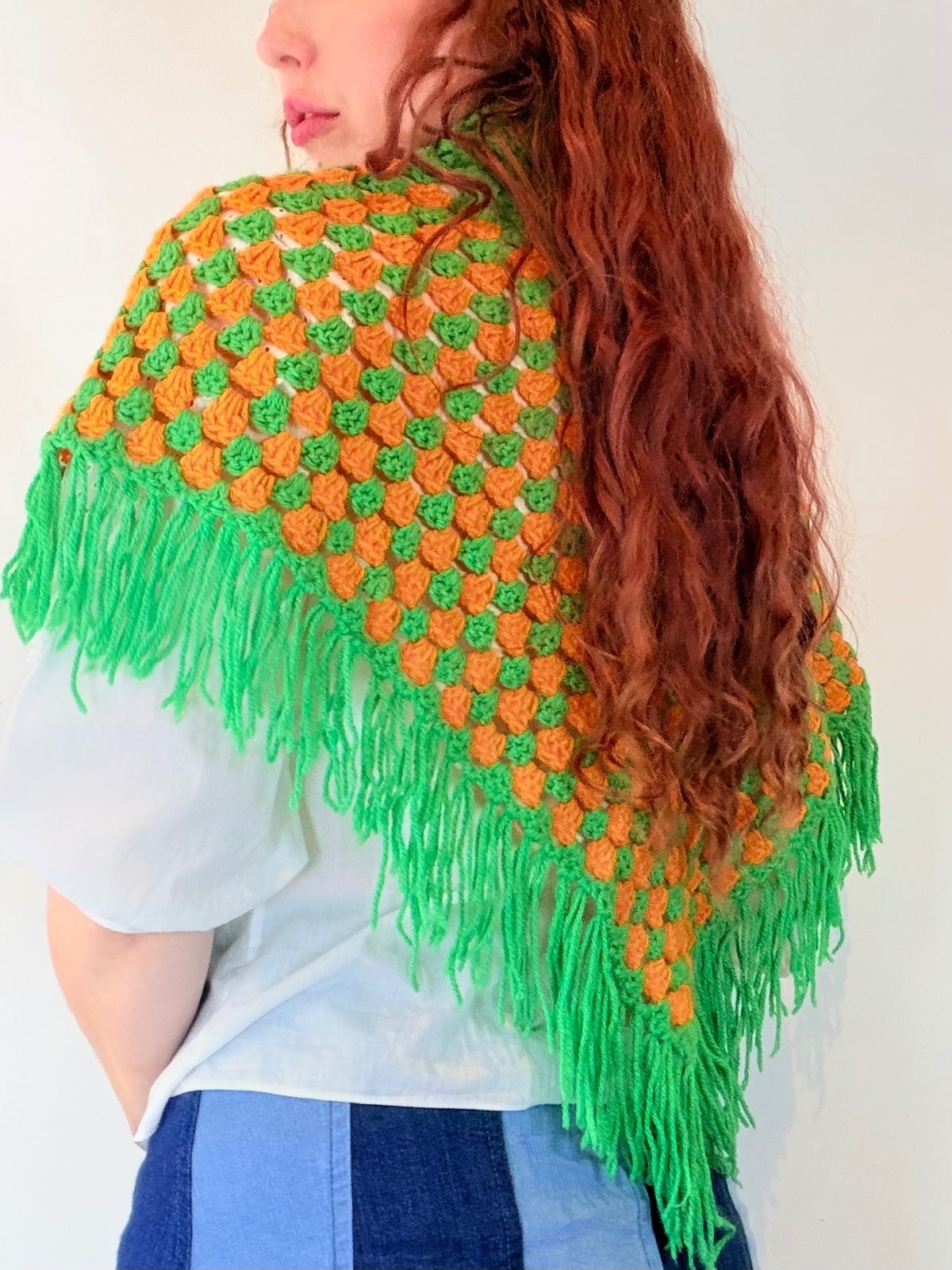 Vintage Knit Crochet Shawl Hippie Boho Triangle Wrap Cape Cottage Whimsy Scarf