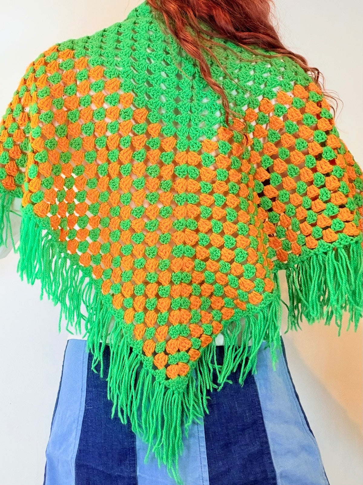 Vintage Knit Crochet Shawl Hippie Boho Triangle Wrap Cape Cottage Whimsy Scarf