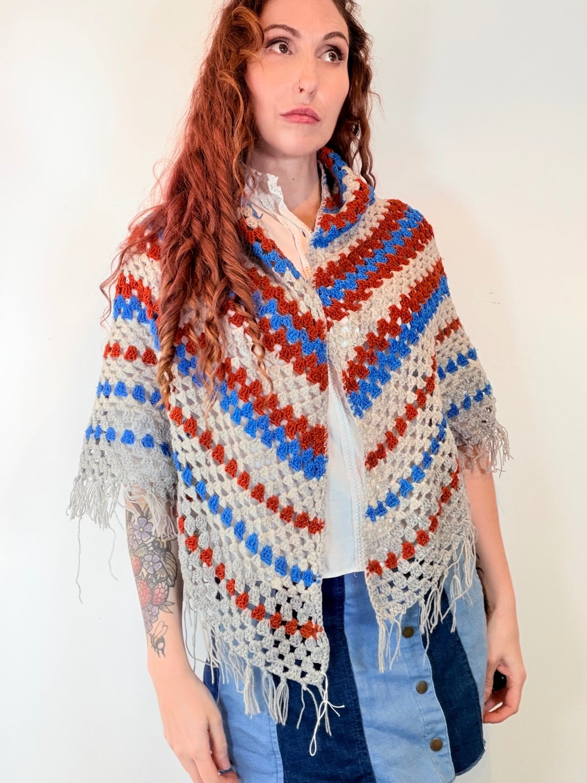 Vintage Knit Crochet Shawl Hippie Boho Triangle Wrap Cape Cottage Whimsy Scarf
