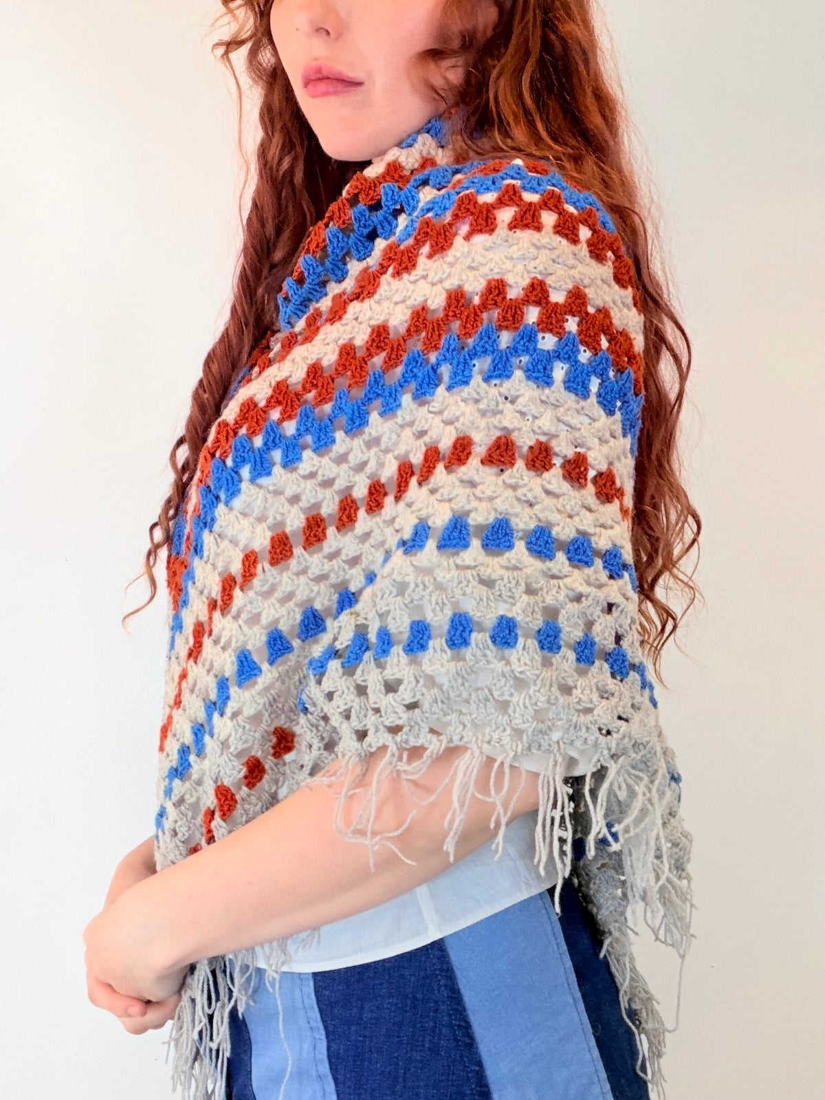 Vintage Knit Crochet Shawl Hippie Boho Triangle Wrap Cape Cottage Whimsy Scarf