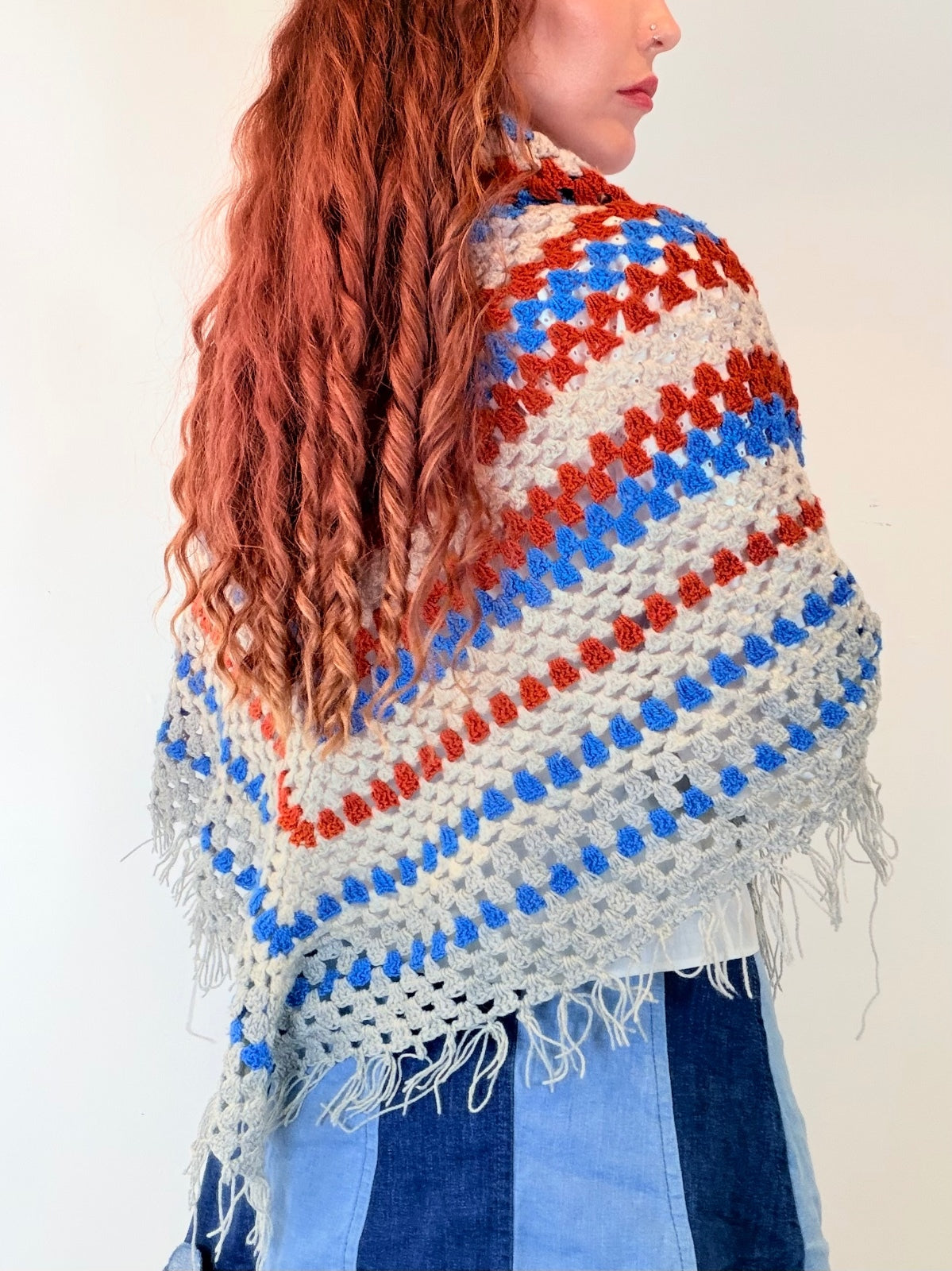 Vintage Knit Crochet Shawl Hippie Boho Triangle Wrap Cape Cottage Whimsy Scarf