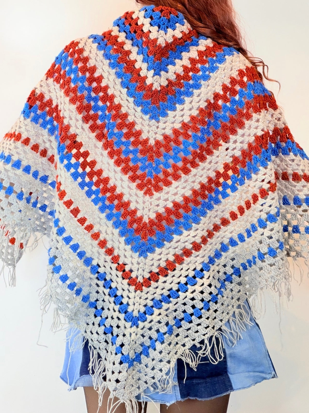 Vintage Knit Crochet Shawl Hippie Boho Triangle Wrap Cape Cottage Whimsy Scarf
