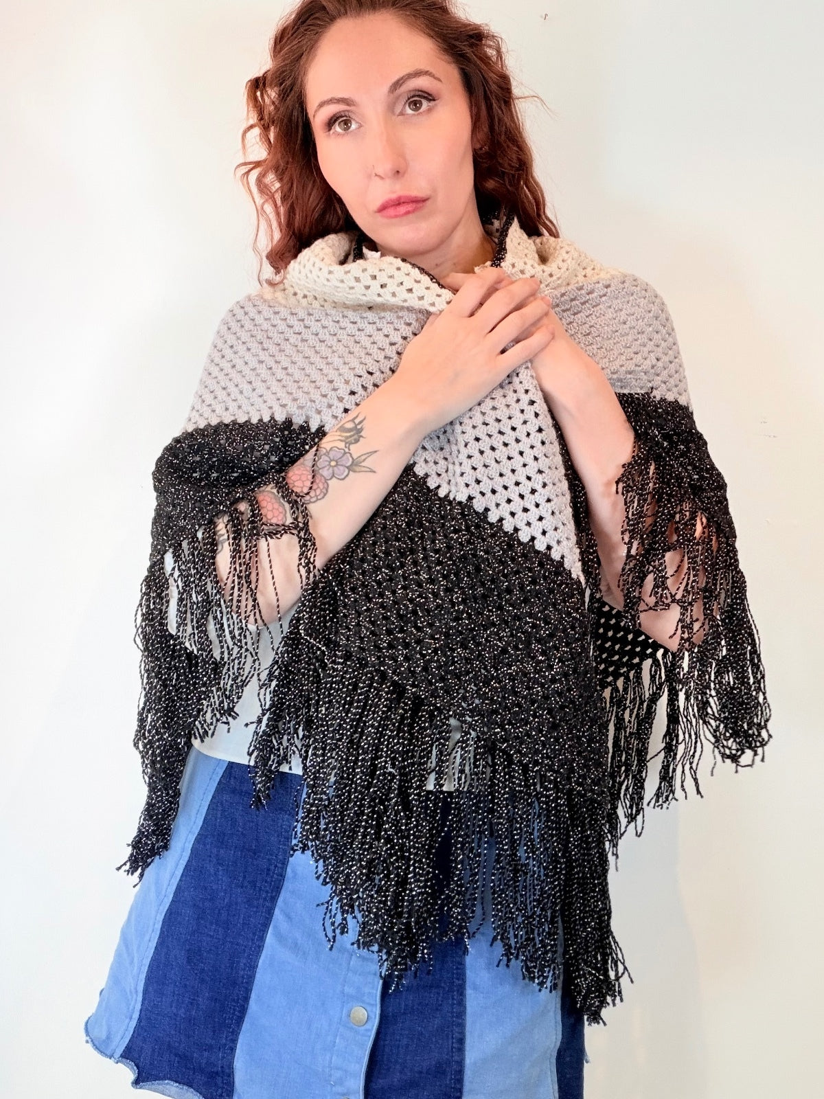 Vintage Knit Crochet Shawl Hippie Boho Triangle Wrap Cape Cottage Whimsy Scarf