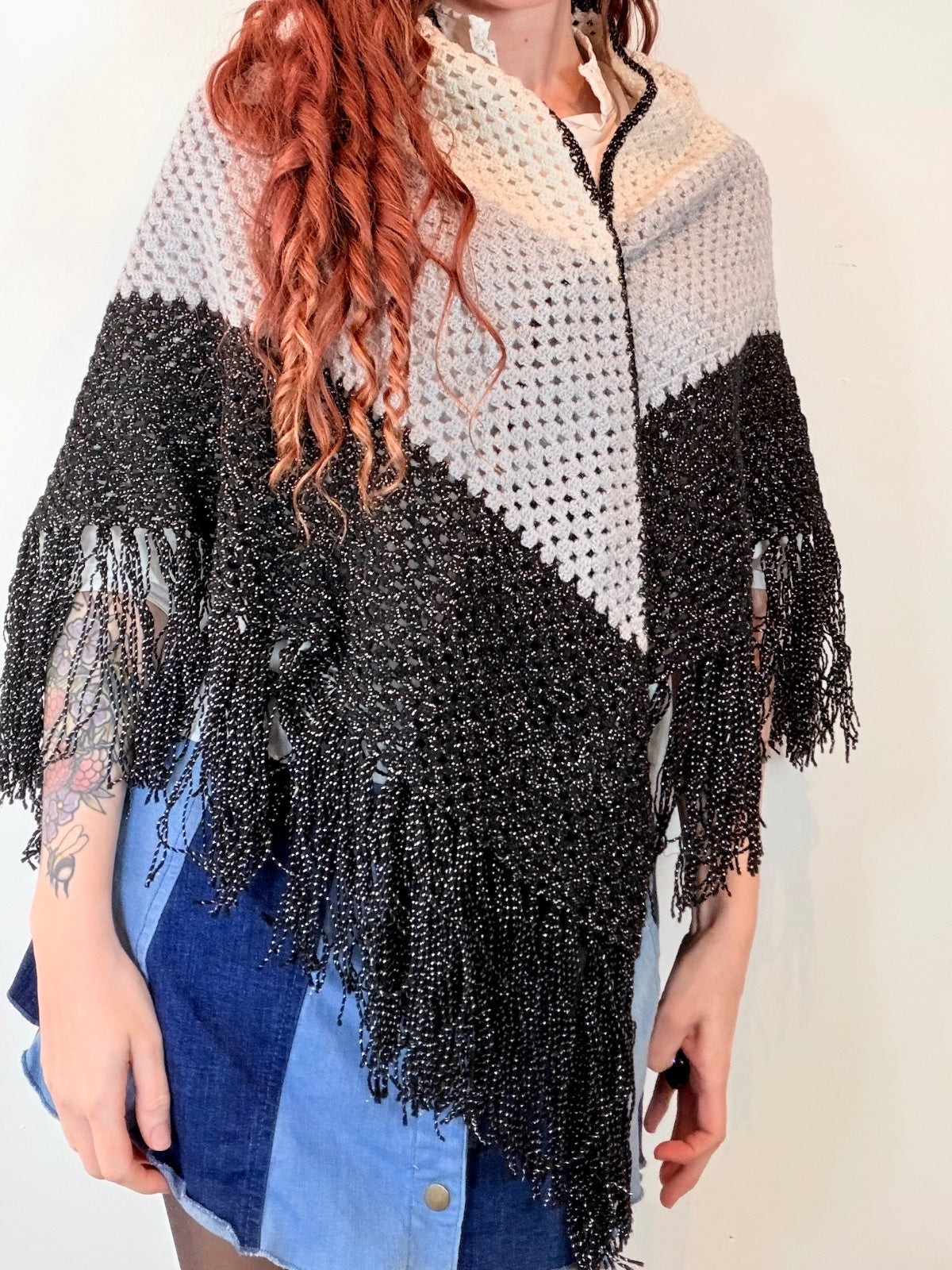 Vintage Knit Crochet Shawl Hippie Boho Triangle Wrap Cape Cottage Whimsy Scarf
