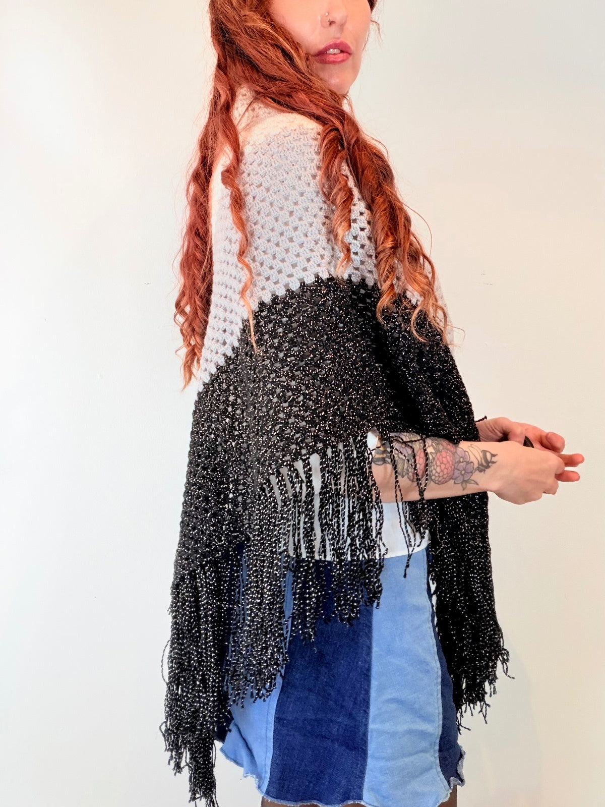 Vintage Knit Crochet Shawl Hippie Boho Triangle Wrap Cape Cottage Whimsy Scarf