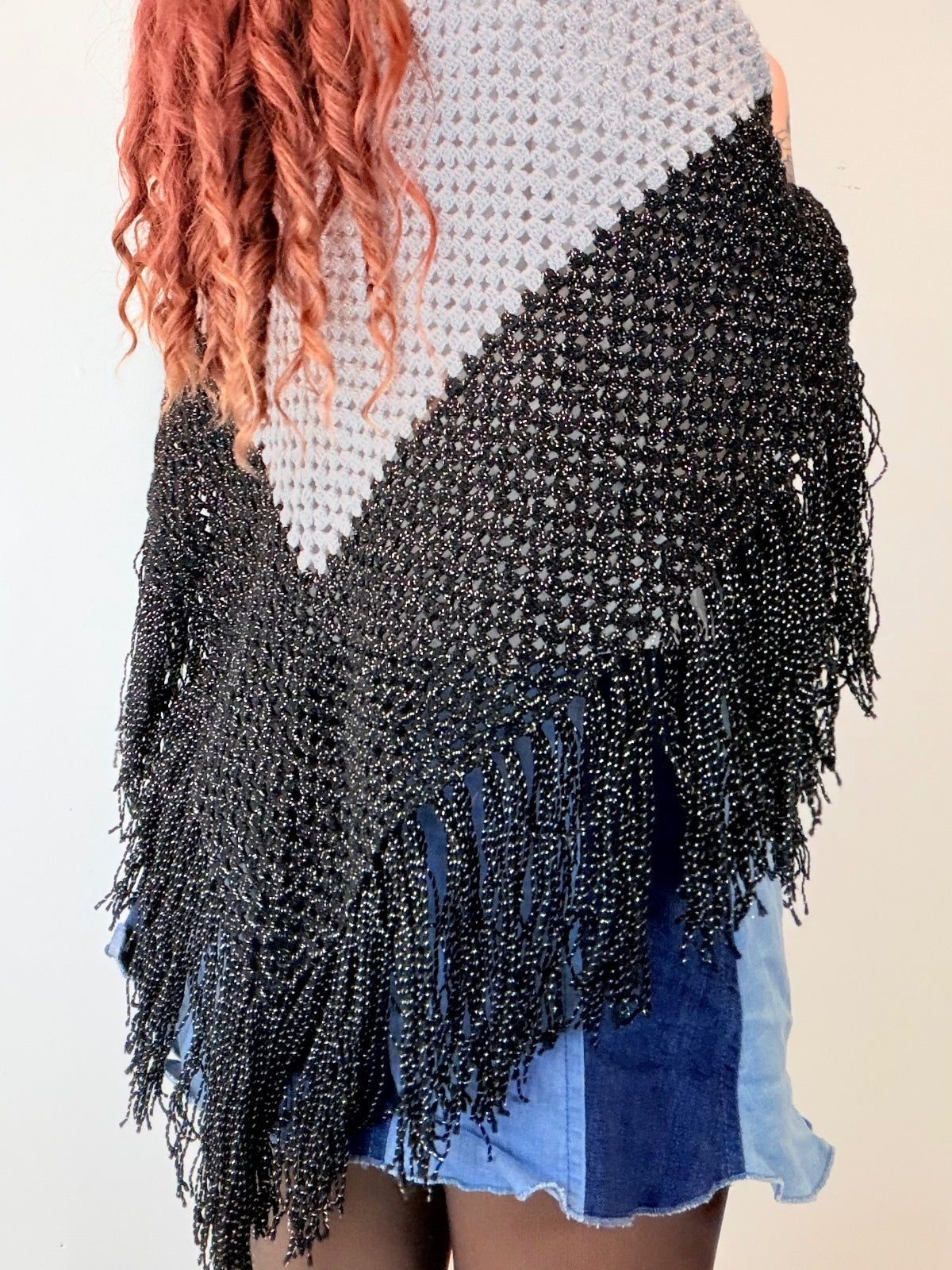 Vintage Knit Crochet Shawl Hippie Boho Triangle Wrap Cape Cottage Whimsy Scarf