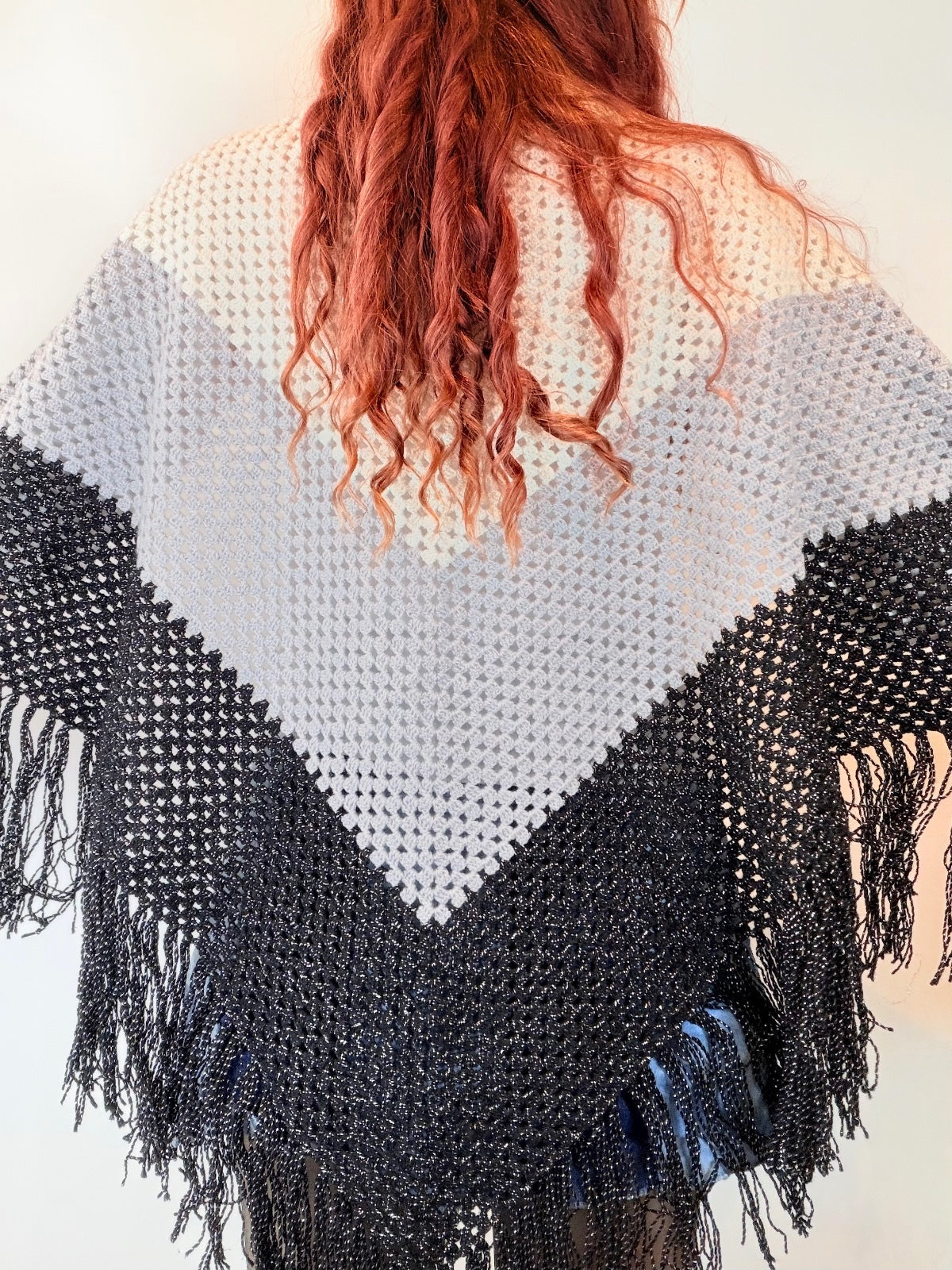 Vintage Knit Crochet Shawl Hippie Boho Triangle Wrap Cape Cottage Whimsy Scarf