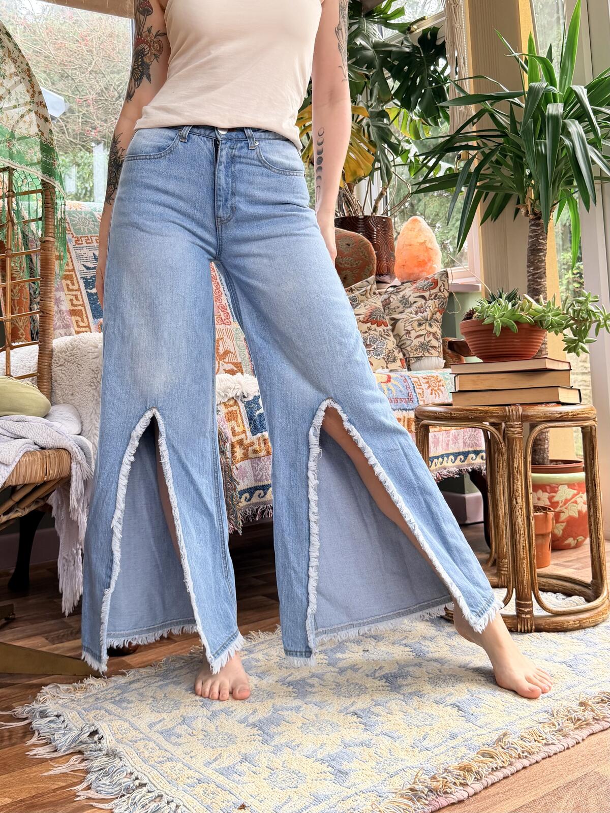 Vintage Y2K Flared Jeans Blue Size 8 Frayed Edge Split Front Wide Leg Trousers
