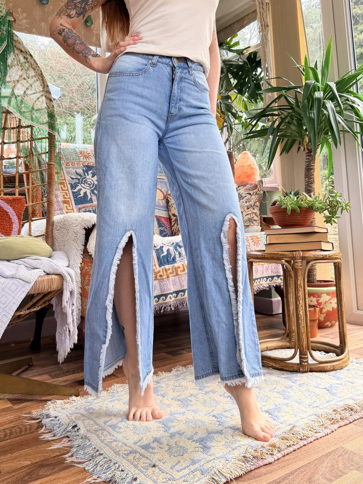 Vintage Y2K Flared Jeans Blue Size 8 Frayed Edge Split Front Wide Leg Trousers