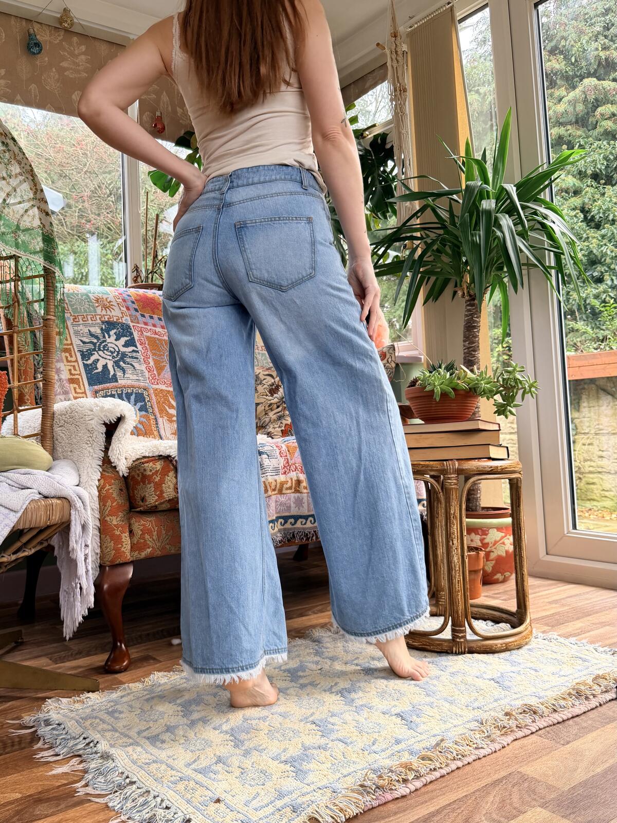 Vintage Y2K Flared Jeans Blue Size 8 Frayed Edge Split Front Wide Leg Trousers