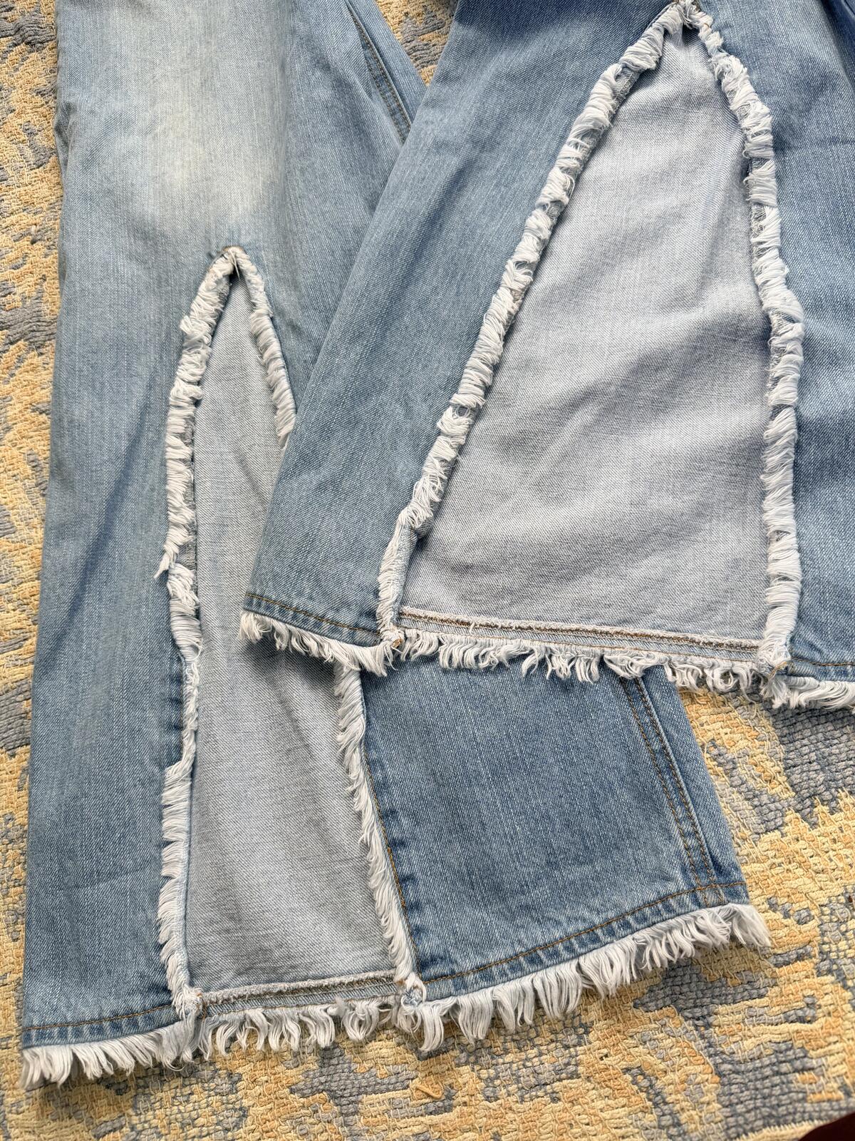 Vintage Y2K Flared Jeans Blue Size 8 Frayed Edge Split Front Wide Leg Trousers