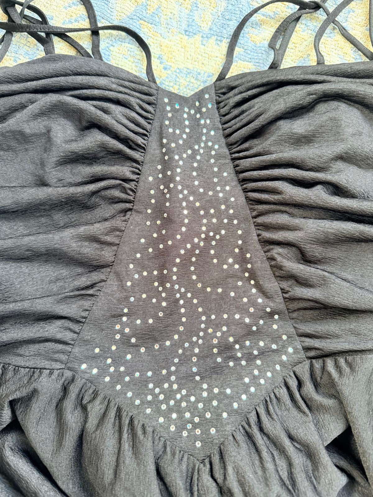 Vintage 1970s cocktail Dress black size 14 long maxi diamanté and Strappy Detail