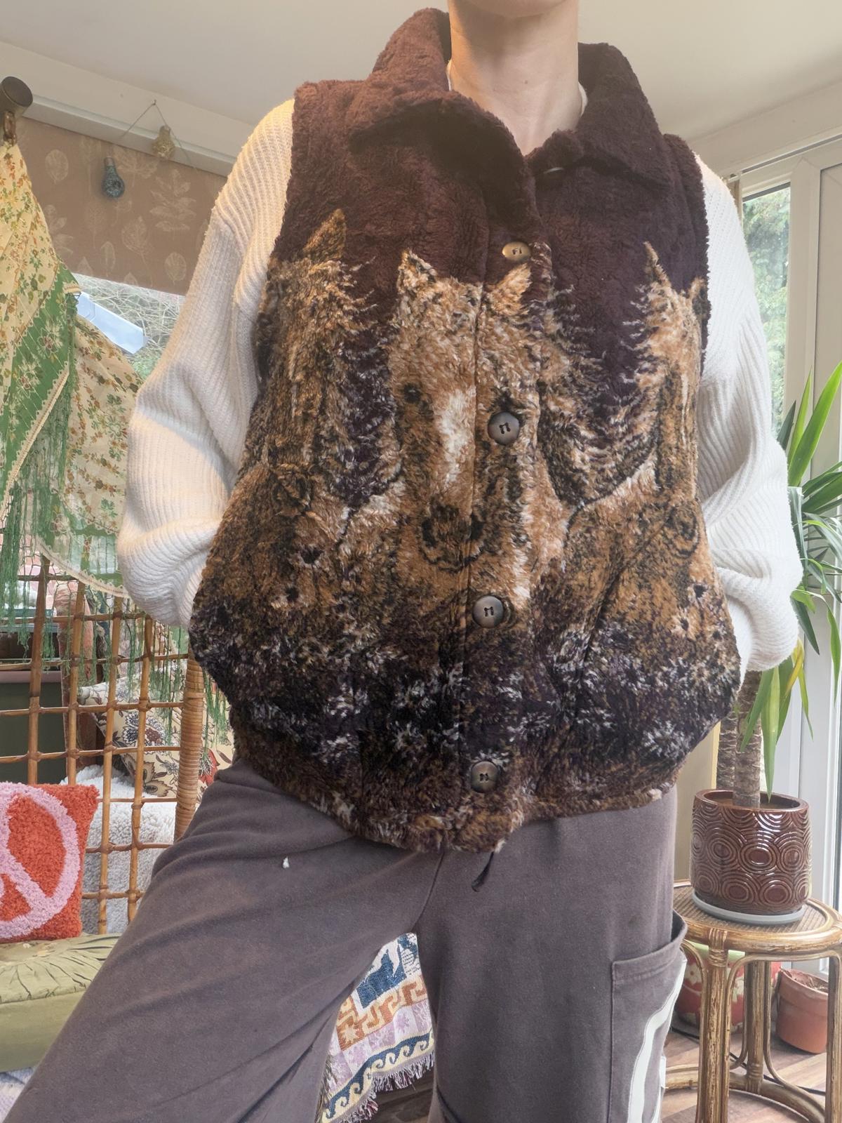 Vintage 1990s fleece vest by Mazmania S Horse Print button up gilet bodywarmer