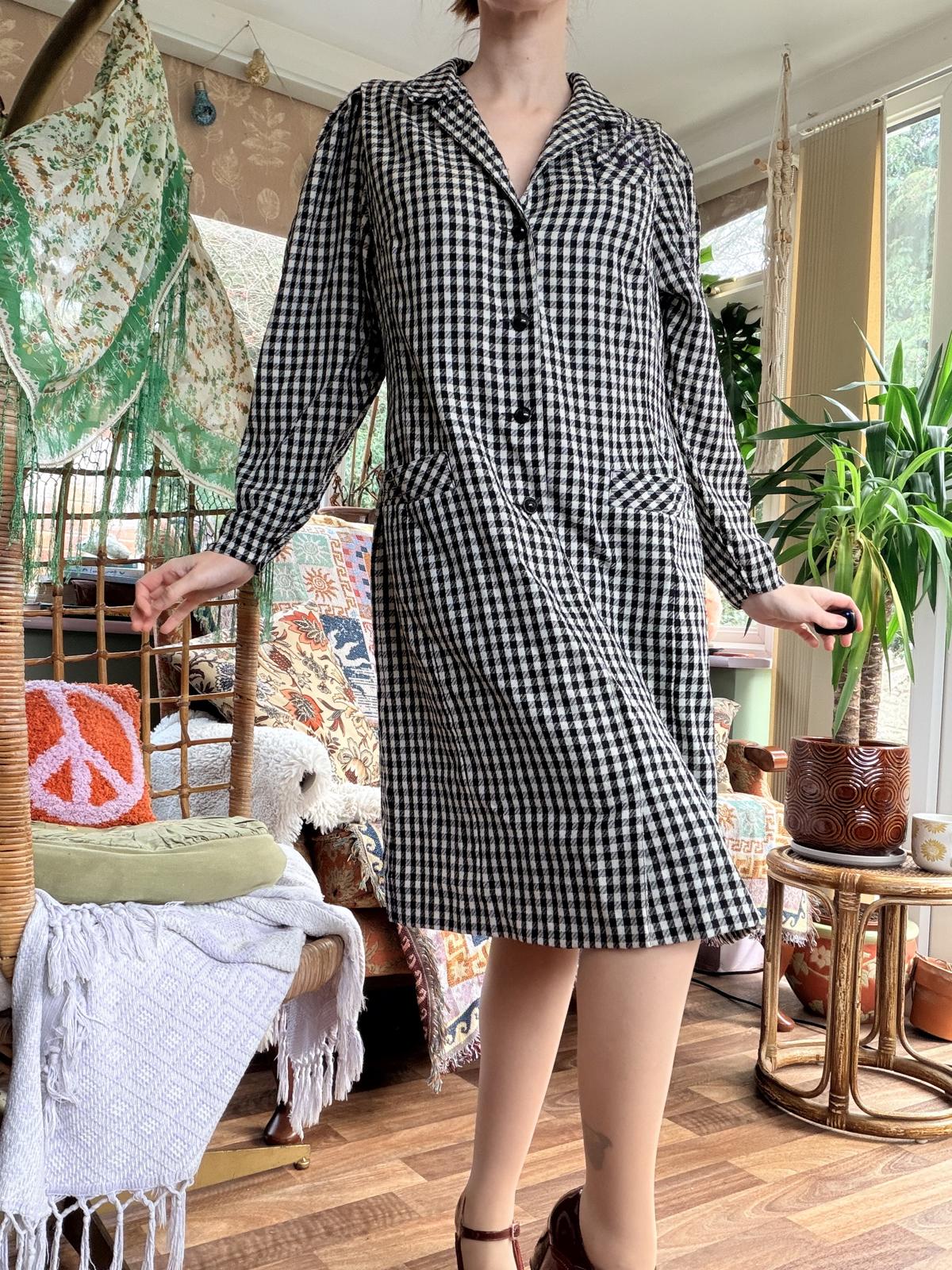 Vintage 1980s shirt dress 16 by Jean Claire Wool Black White Gingham office work