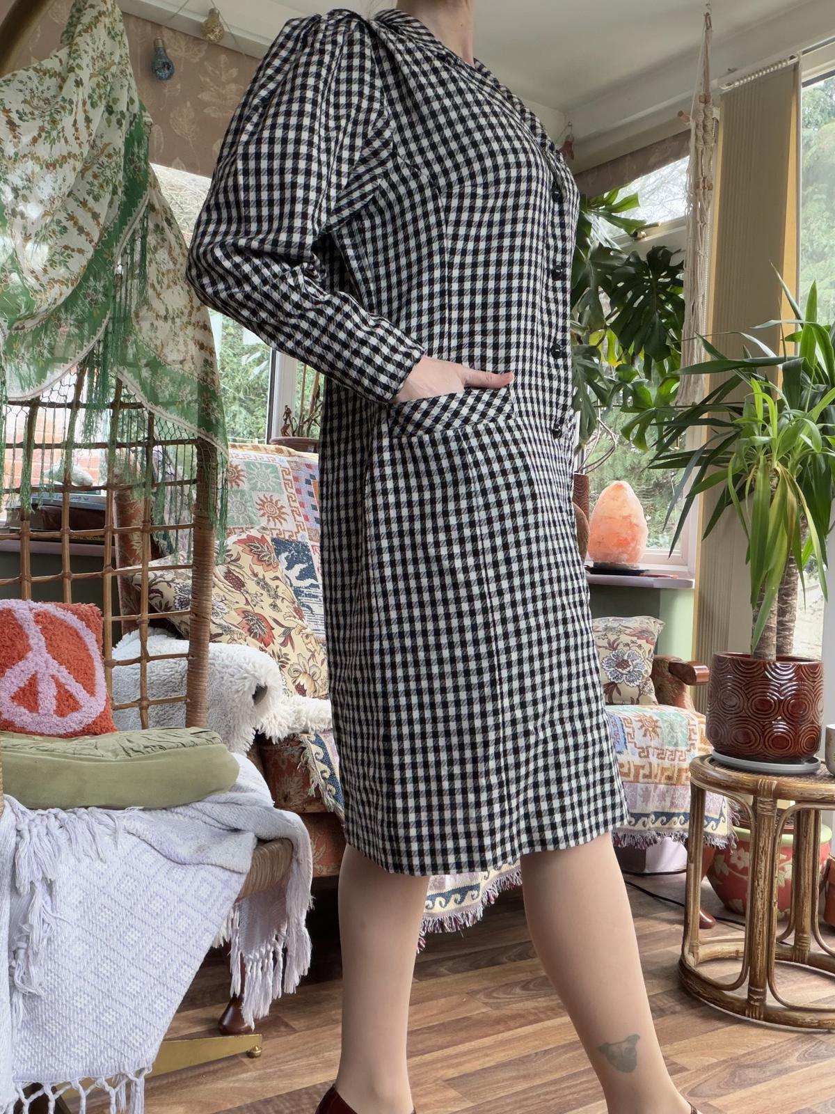 Vintage 1980s shirt dress 16 by Jean Claire Wool Black White Gingham office work
