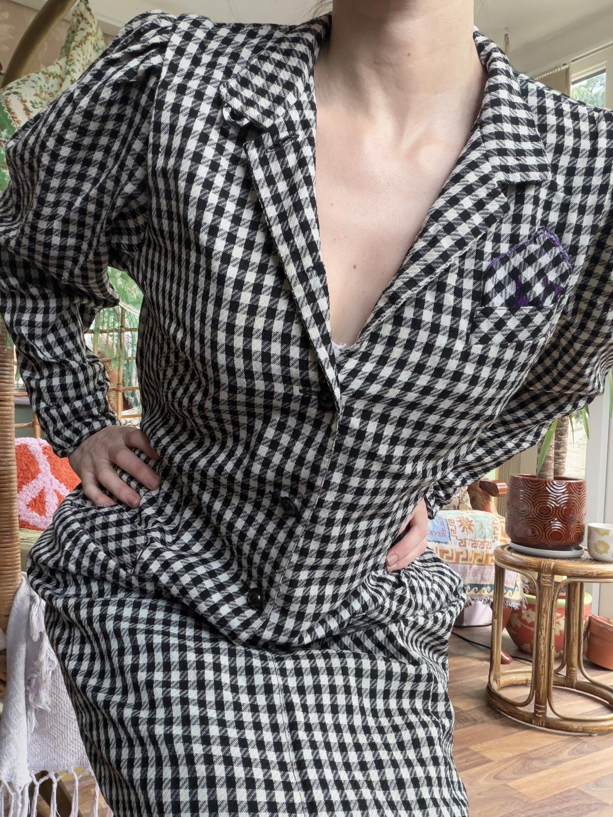 Vintage 1980s shirt dress 16 by Jean Claire Wool Black White Gingham office work